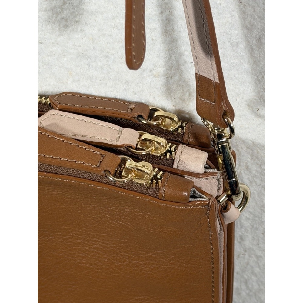 Elisabetta Yang Leather Crossbody Bag Brown Italian Double Zip Gold - Picture 7 of 16